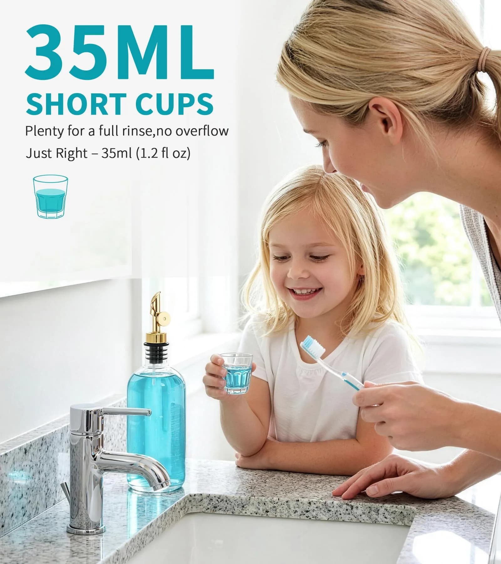 TOLDATLI Glass Mouthwash Dispenser with Cup, 473ml (17 fl oz) 2-Pack | Auto-Flip Pour Cap for Precise Dispensing - view 6