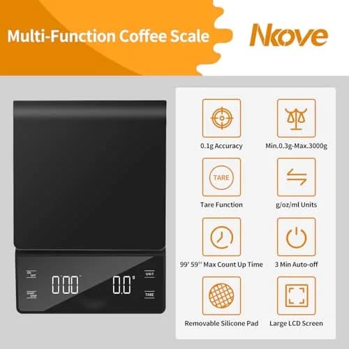 Nkove Digital Coffee Scale with Timer, 0.1g Precision, 3kg Capacity | Compact & Accurate for Home & Cafe thumbnail 2