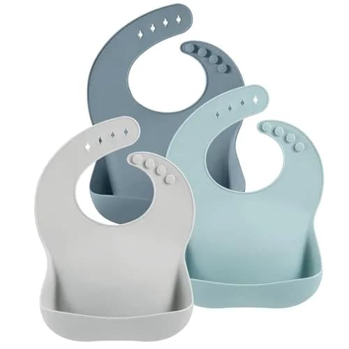 PandaEar 3 Pack Silicone Bibs for Babies & Toddlers, Waterproof Feeding Bib with Large Food Catcher, BPA Free (Blue & Gray) thumbnail 1