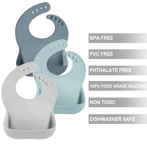 PandaEar 3 Pack Silicone Bibs for Babies & Toddlers, Waterproof Feeding Bib with Large Food Catcher, BPA Free (Blue & Gray) thumbnail 3