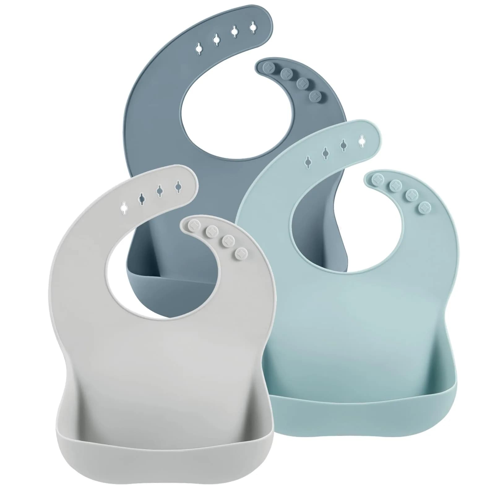 PandaEar 3 Pack Silicone Bibs for Babies & Toddlers, Waterproof Feeding Bib with Large Food Catcher, BPA Free (Blue & Gray) - main product image