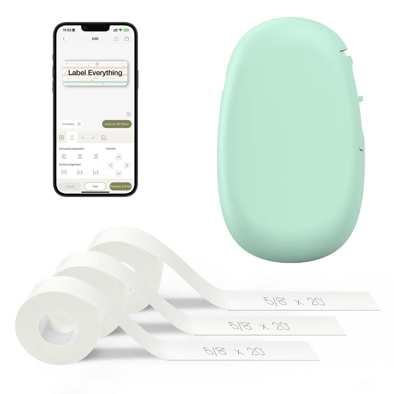 SUPVAN E10 Bluetooth Label Maker Machine with 3 Tapes, Green | Portable Thermal Printer