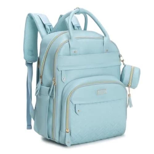BabbleRoo Leather Diaper Bag Backpack - Baby Essentials Travel Baby Bag, Water Resistant, with Changing Pad, Stroller Straps & Pacifier Case – Unisex, Powder Blue thumbnail 1