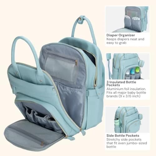 BabbleRoo Leather Diaper Bag Backpack - Baby Essentials Travel Baby Bag, Water Resistant, with Changing Pad, Stroller Straps & Pacifier Case – Unisex, Powder Blue thumbnail 5