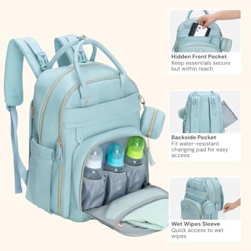 BabbleRoo Leather Diaper Bag Backpack - Baby Essentials Travel Baby Bag, Water Resistant, with Changing Pad, Stroller Straps & Pacifier Case – Unisex, Powder Blue thumbnail 6