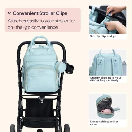 BabbleRoo Leather Diaper Bag Backpack - Baby Essentials Travel Baby Bag, Water Resistant, with Changing Pad, Stroller Straps & Pacifier Case – Unisex, Powder Blue thumbnail 7