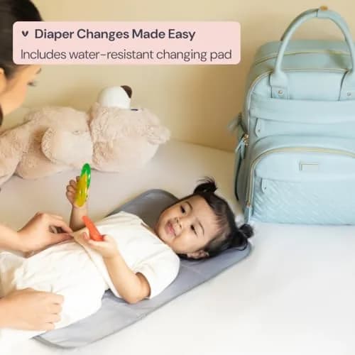 BabbleRoo Leather Diaper Bag Backpack - Baby Essentials Travel Baby Bag, Water Resistant, with Changing Pad, Stroller Straps & Pacifier Case – Unisex, Powder Blue thumbnail 8