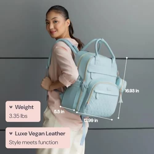 BabbleRoo Leather Diaper Bag Backpack - Baby Essentials Travel Baby Bag, Water Resistant, with Changing Pad, Stroller Straps & Pacifier Case – Unisex, Powder Blue thumbnail 3