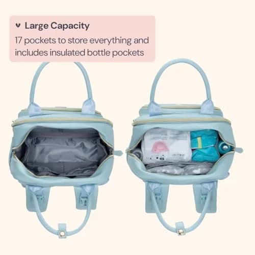 BabbleRoo Leather Diaper Bag Backpack - Baby Essentials Travel Baby Bag, Water Resistant, with Changing Pad, Stroller Straps & Pacifier Case – Unisex, Powder Blue thumbnail 4