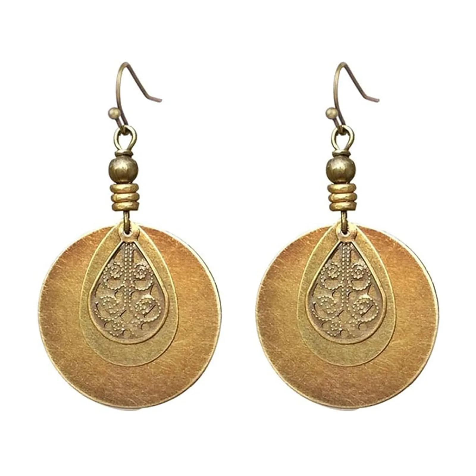 MALOYANVE Bohemian Dangle Earrings for Women, 6cm (2.36 inches) | Handmade Antique Ethnic Jewelry — Bronze Disc