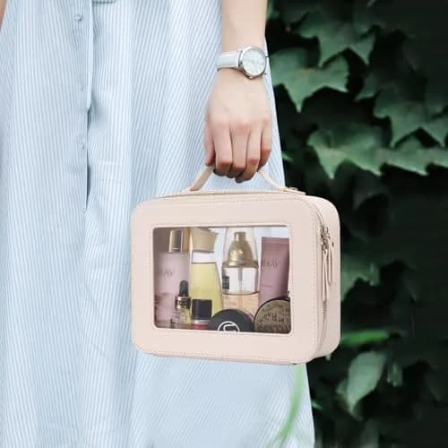 Pinkmik Clear Makeup Bag Large Beige | TSA Compliant Travel Toiletry Bag with Zipper thumbnail 2