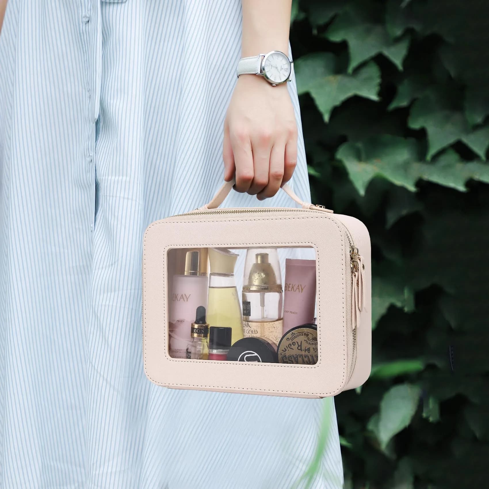 Pinkmik Clear Makeup Bag Large Beige | TSA Compliant Travel Toiletry Bag with Zipper - view 2