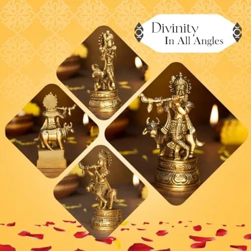 Ekhasa Brass Lord Krishna Idol with Flute | Shri Krishna Murti Gift | Home Decor | Kanha Ji Murti for Office Desk thumbnail 4
