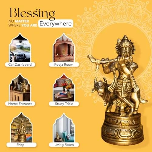 Ekhasa Brass Lord Krishna Idol with Flute | Shri Krishna Murti Gift | Home Decor | Kanha Ji Murti for Office Desk thumbnail 5