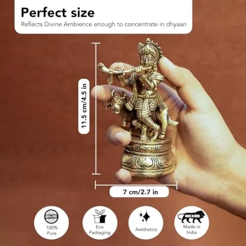 Ekhasa Brass Lord Krishna Idol with Flute | Shri Krishna Murti Gift | Home Decor | Kanha Ji Murti for Office Desk thumbnail 2