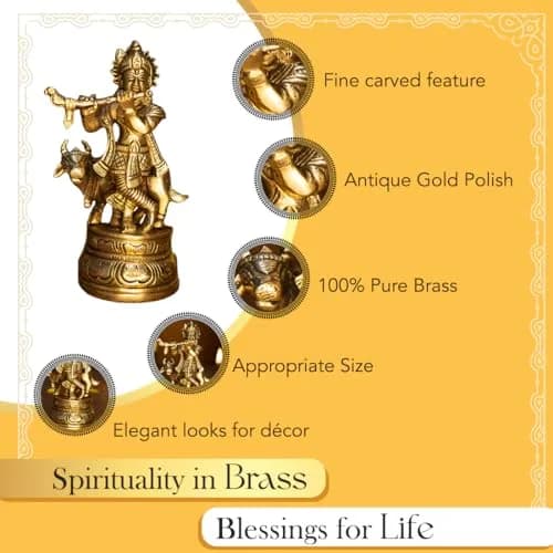 Ekhasa Brass Lord Krishna Idol with Flute | Shri Krishna Murti Gift | Home Decor | Kanha Ji Murti for Office Desk thumbnail 3