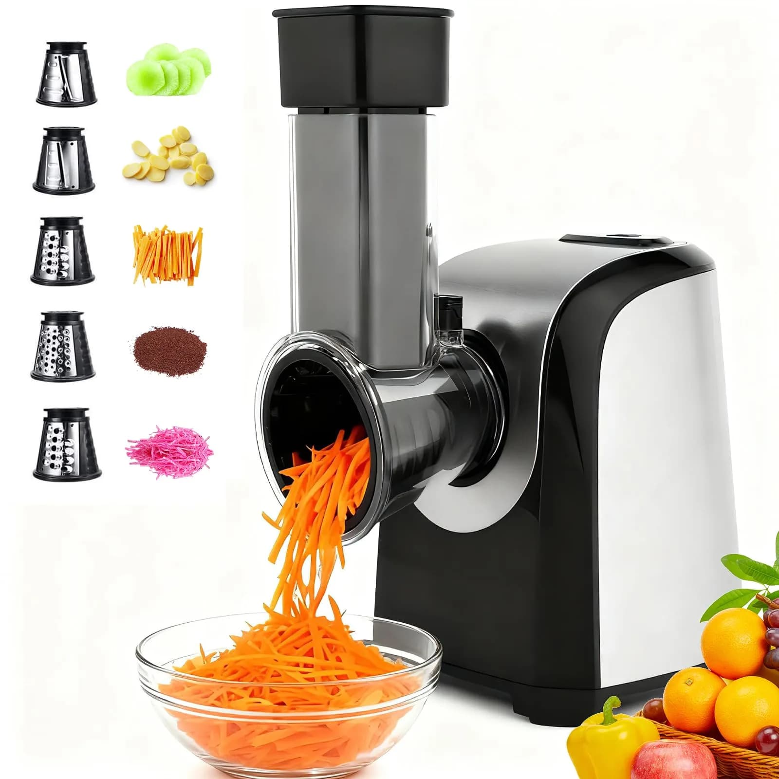 Nictemaw Electric Cheese Grater with 5 Stainless Steel Blades | 150W Kitchen Tool for Cheese, Vegetables & Fruits — Silver