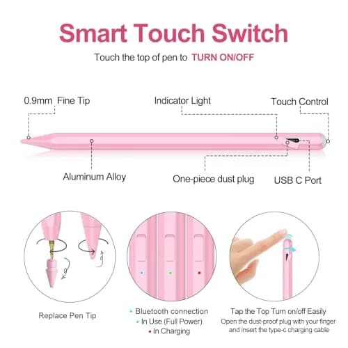 JvKzaen Stylus Pen for iPad 2018-2026 | Palm Rejection, Apple Pencil Compatible, 0.9mm Tip, Type-C Charging thumbnail 7