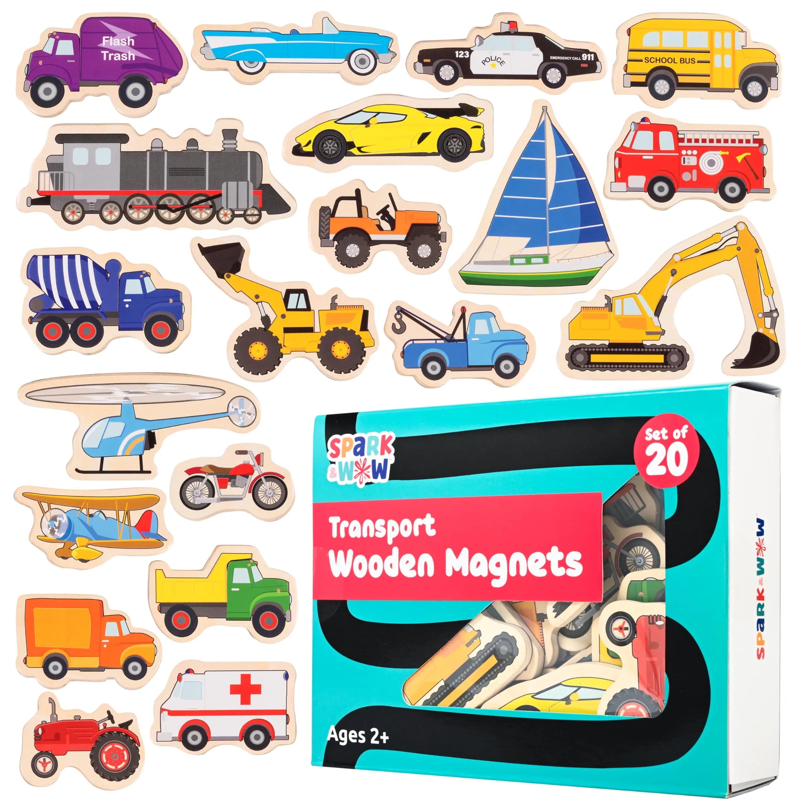 Spark & Wow Wooden Magnets, Transport | 20 Colorful Transportation Shapes for Kids - main product image