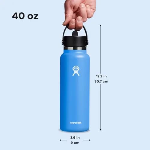 Hydro Flask Water Bottle - Insulated Stainless Steel - Wide Straw Lid, Non Spill, Leakproof in 40 Oz Cascade Blue | Keeps drinks cold 24 hrs thumbnail 7