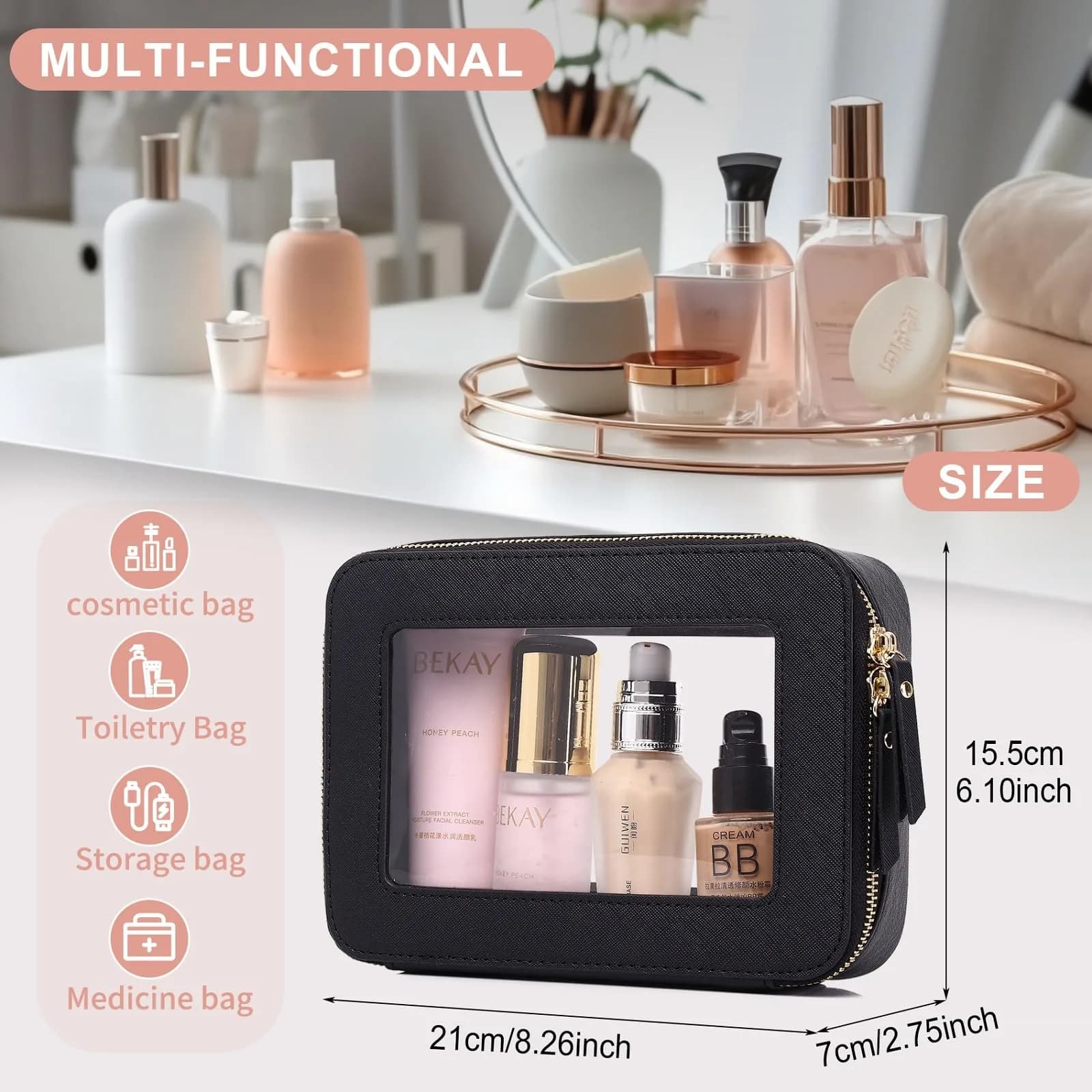 Pinkmik D/Black Medium Clear Makeup Bag | TSA Approved Travel Cosmetic Case - view 3
