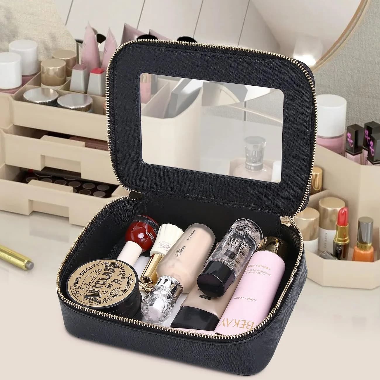 Pinkmik D/Black Medium Clear Makeup Bag | TSA Approved Travel Cosmetic Case - view 4