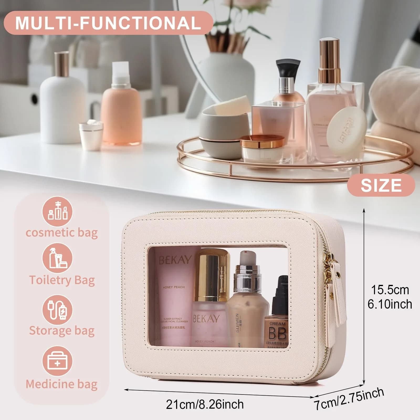 Pinkmik D/Beige Medium (M) Clear Makeup Bag - TSA Approved Travel Cosmetic Case - view 3