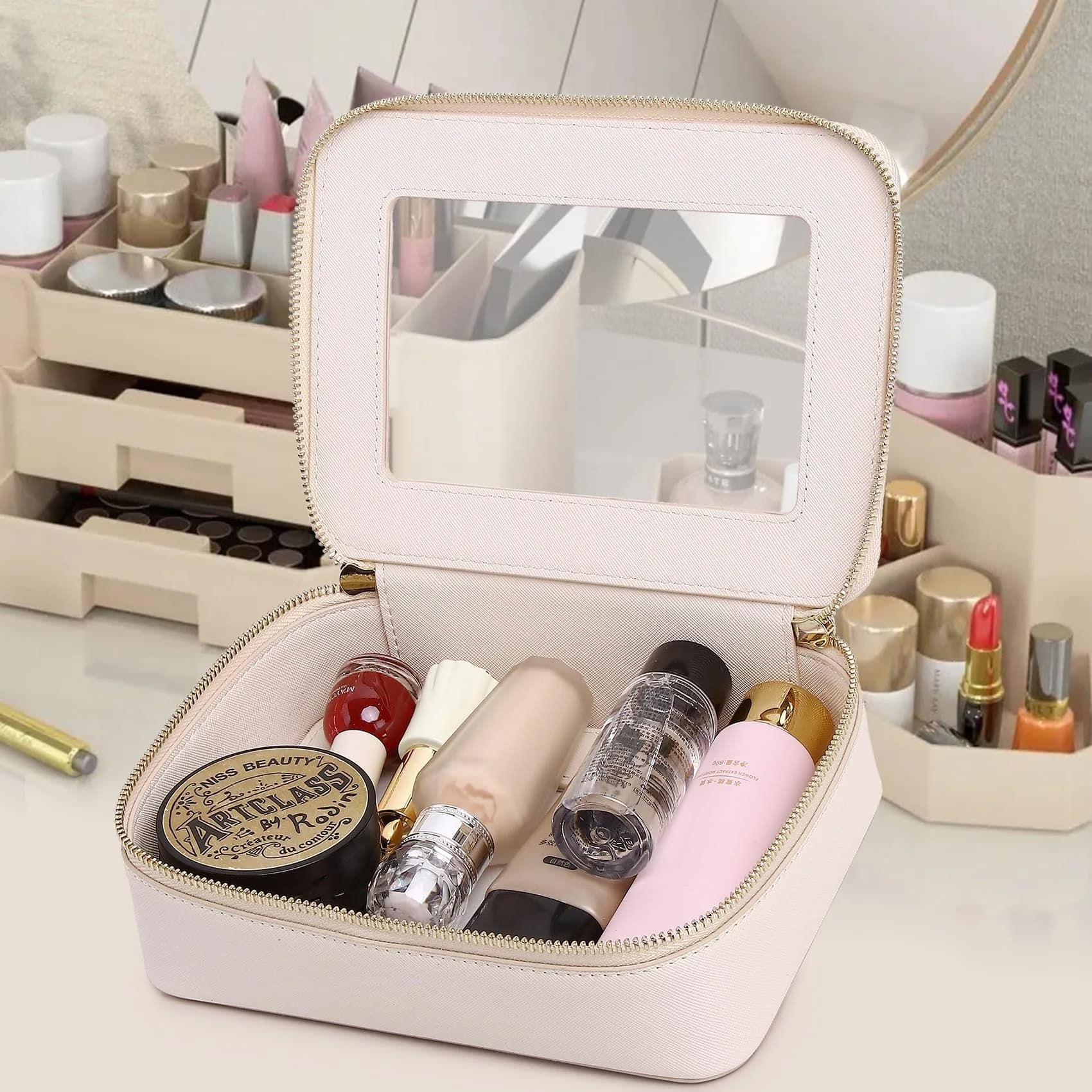 Pinkmik D/Beige Medium (M) Clear Makeup Bag - TSA Approved Travel Cosmetic Case - view 4