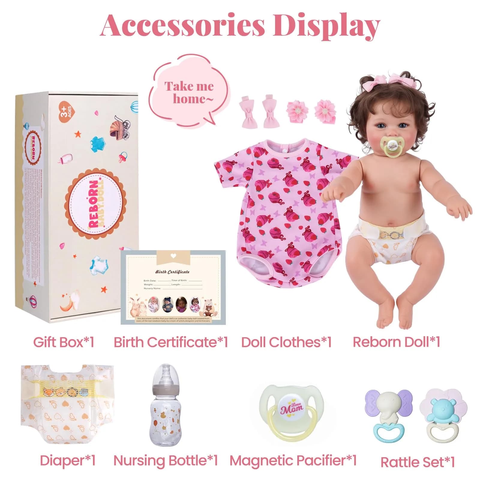 JIZHI 20-inch Reborn Baby Doll, Peach Pink | Realistic Lifelike Baby Girl Doll with Wavy Brown Hair, ASTM F963 & CPC Certified - view 3