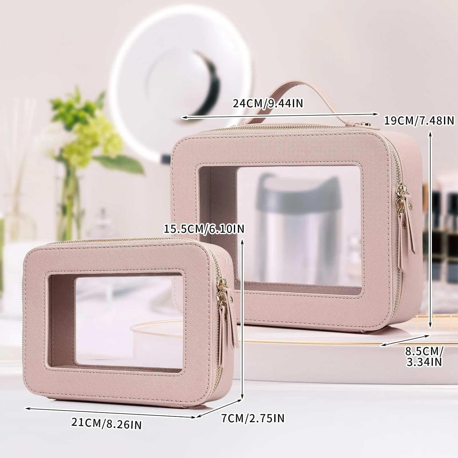 Pinkmik Clear Makeup Bag Set - Pink, Medium & Large Sizes | TSA Approved Travel Cosmetic Cases - view 4