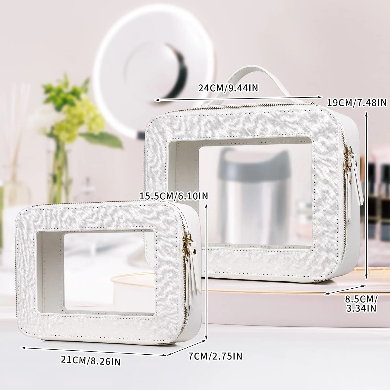 Pinkmik White Clear Makeup Bag Set (Medium & Large) | TSA Approved Travel Cosmetic Case - view 4