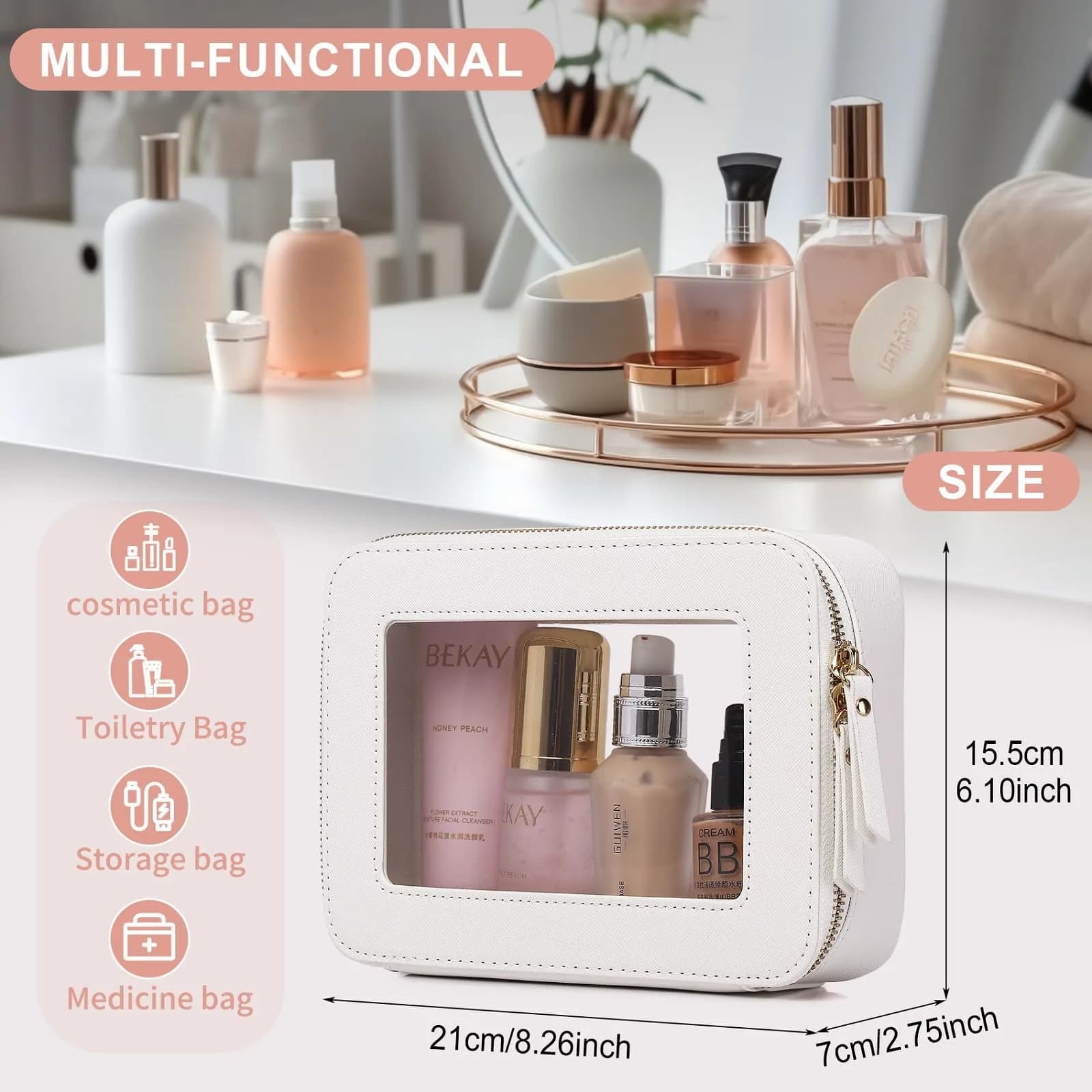Pinkmik D/White Clear Makeup Bag - Medium Size | TSA Approved Travel Cosmetic Case - view 3