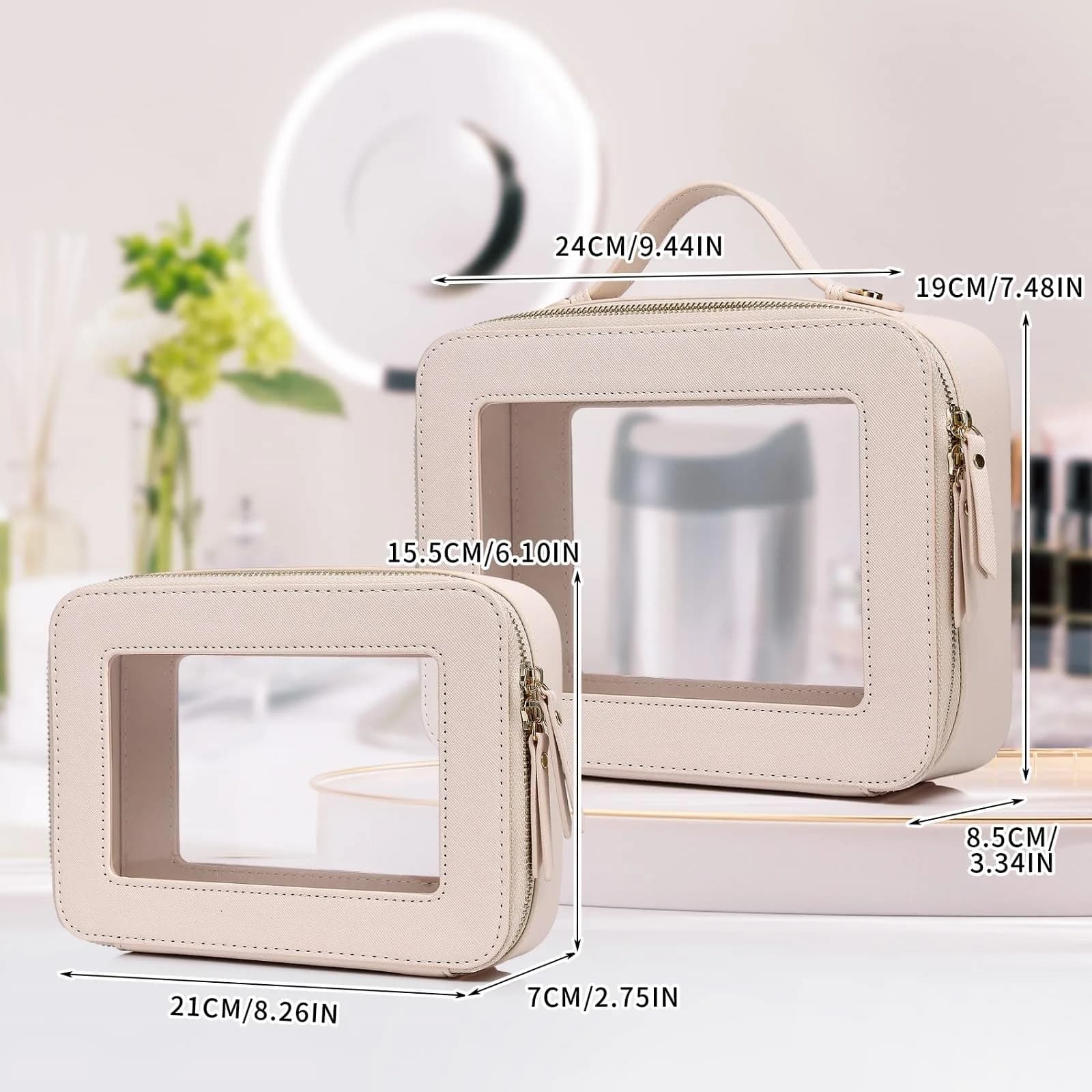 Pinkmik Clear Makeup Bag Set, Medium & Large Beige | TSA Approved & Waterproof Travel Cosmetic Case - view 4