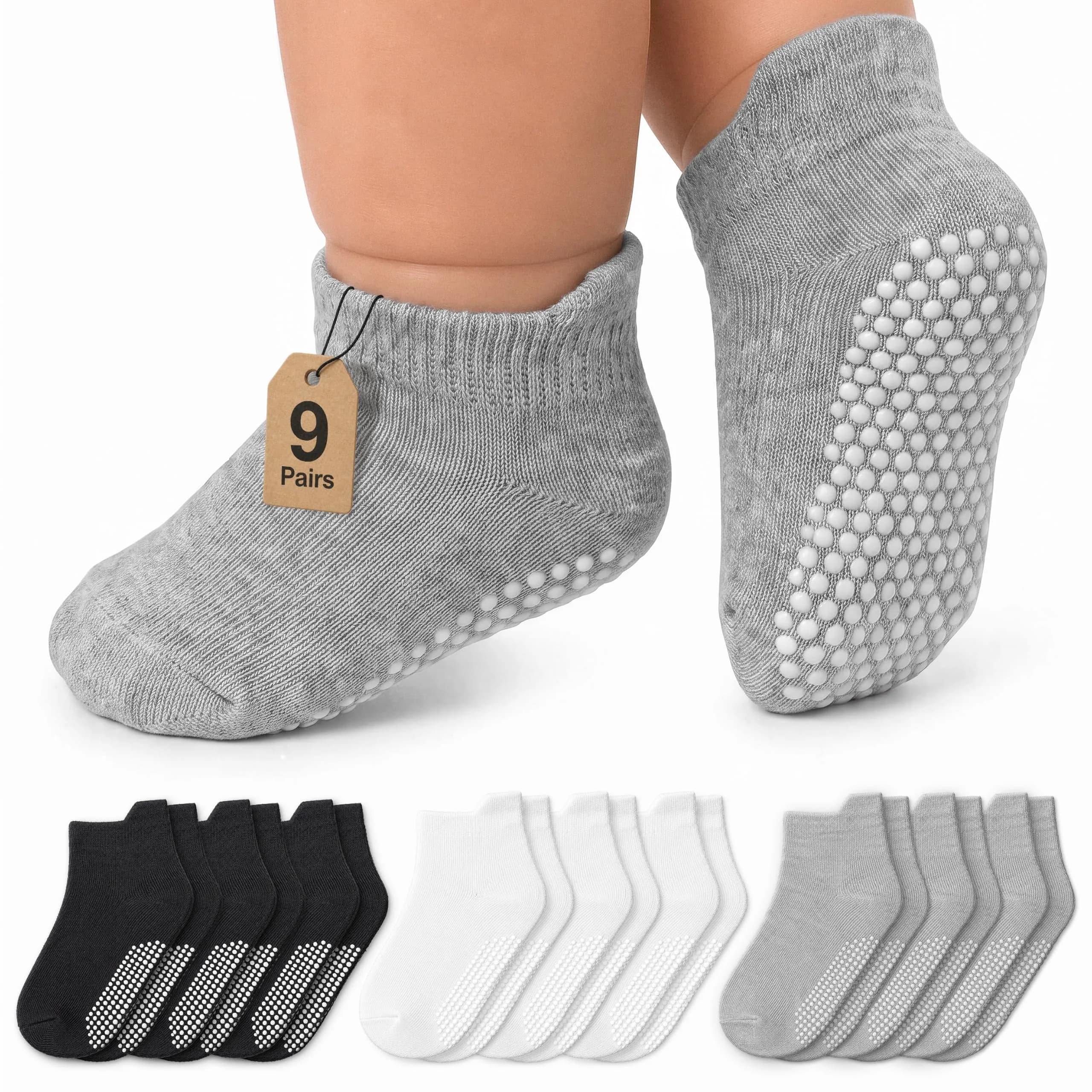 Infinno Baby Non Slip Ankle Socks with Grips, 9 Pairs | Toddler & Kids Grip Socks for Safety & Style