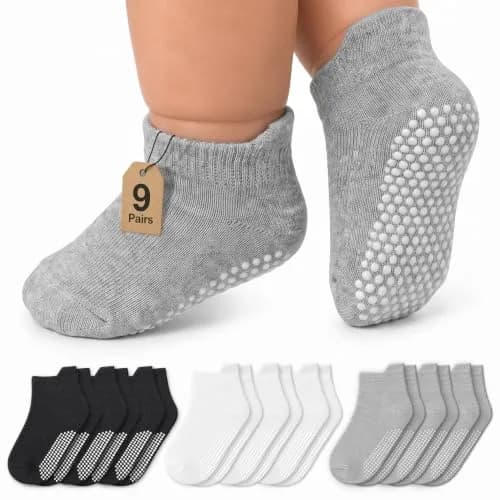 Infinno Baby Non Slip Ankle Socks with Grips, 9 Pairs | Toddler & Kids Grip Socks for Safety & Style thumbnail 1