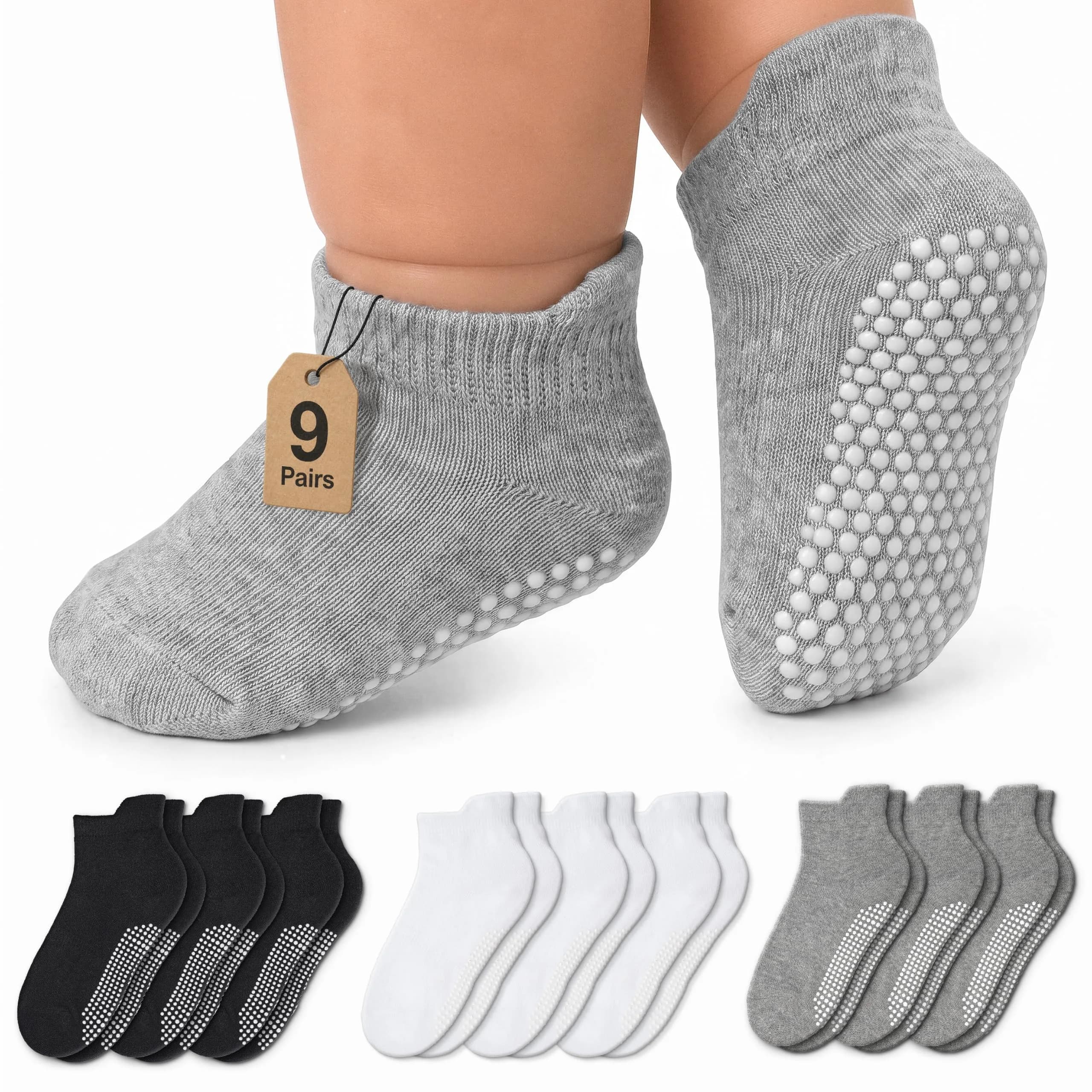 Infinno Baby Non Slip Ankle Socks with Grips, 9 Pairs | Toddler & Kids Grip Socks for Safety & Style — Assorted / 0-6 Months