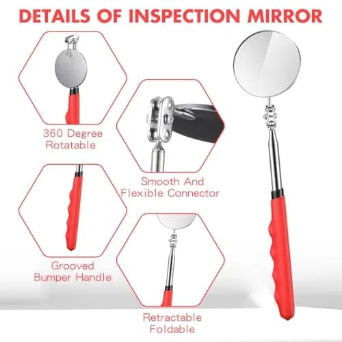 Copkim Telescoping Inspection Mirror for Mechanics,Red,Round | Adjustable Handle, 50mm Diameter, Durable Metal & Glass thumbnail 3