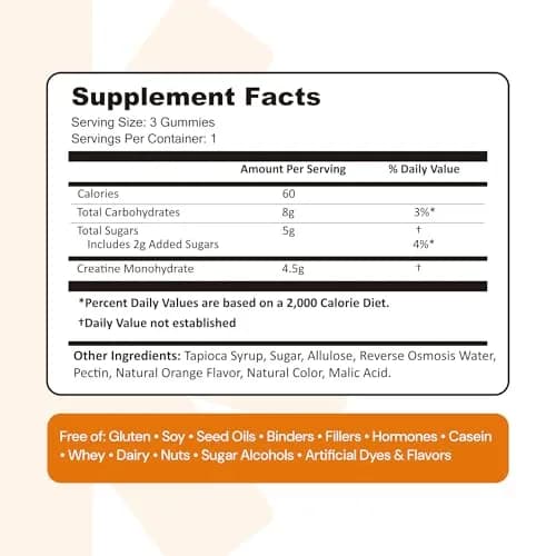 Create Creatine Monohydrate Gummies Orange 90 Count (270g) | Vegan, Gluten-Free, Non-GMO Formula for Muscle Growth & Focus thumbnail 9