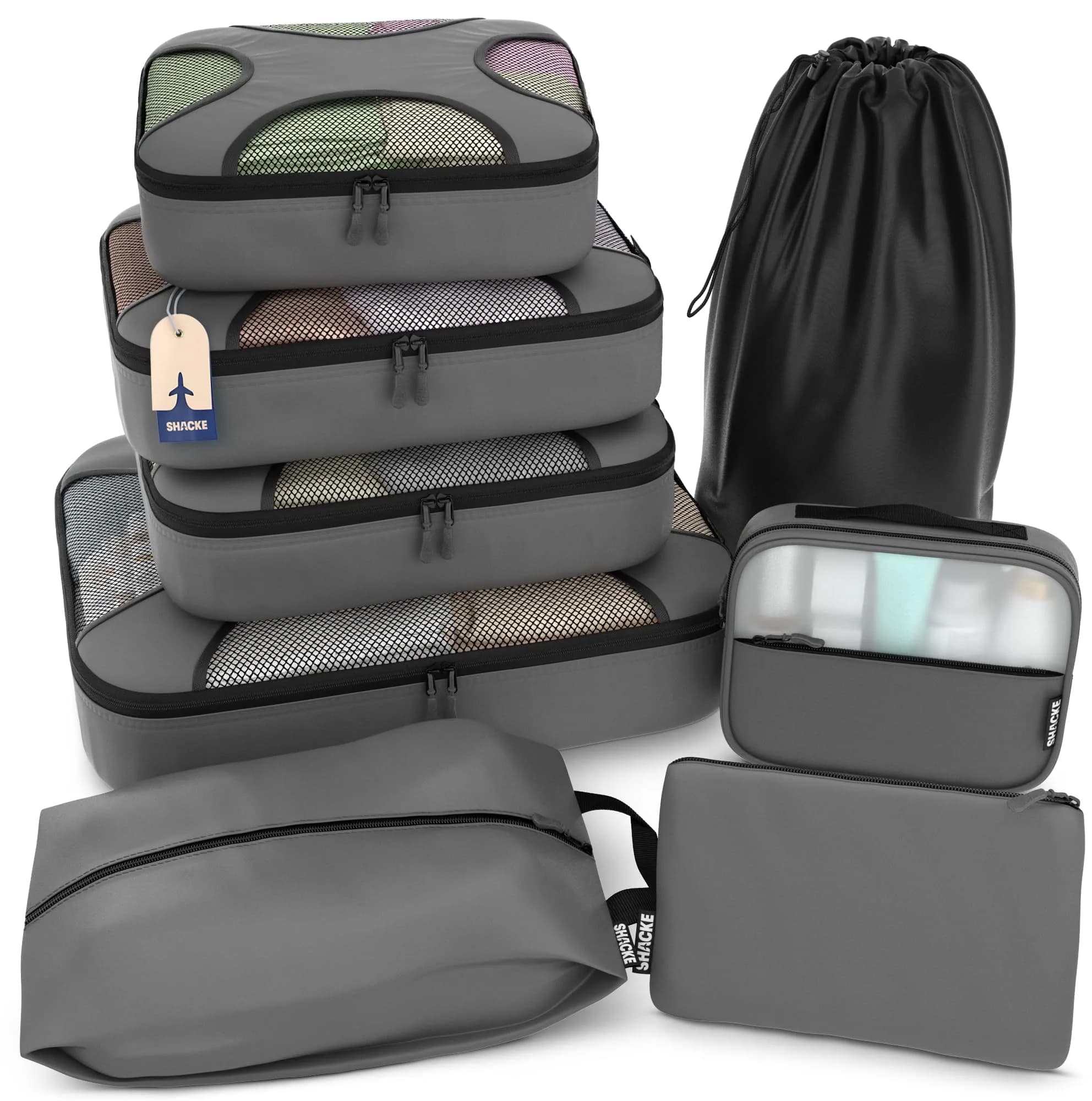 Shacke 8-Piece Dark Grey Packing Cubes Set with Laundry Bag for Travel - main product image
