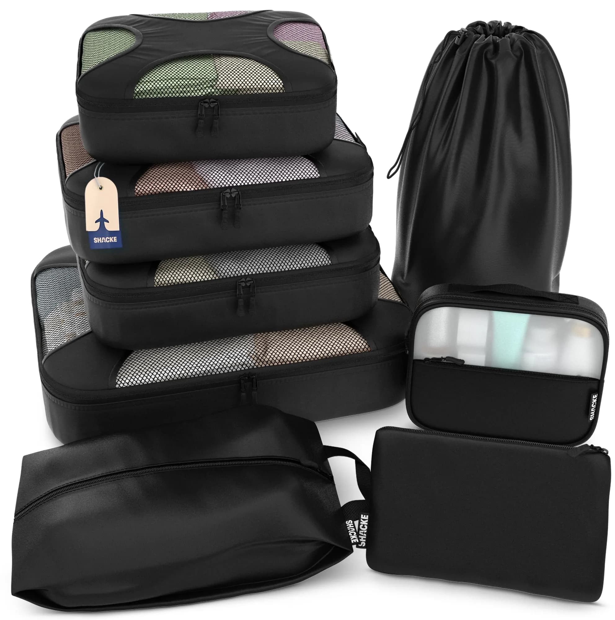 Shacke Packing Cubes for Travel with Laundry Bag, 5-Piece Set, Orchid Purple | Structured & Stackable Luggage Organizers — 8 Set - Black