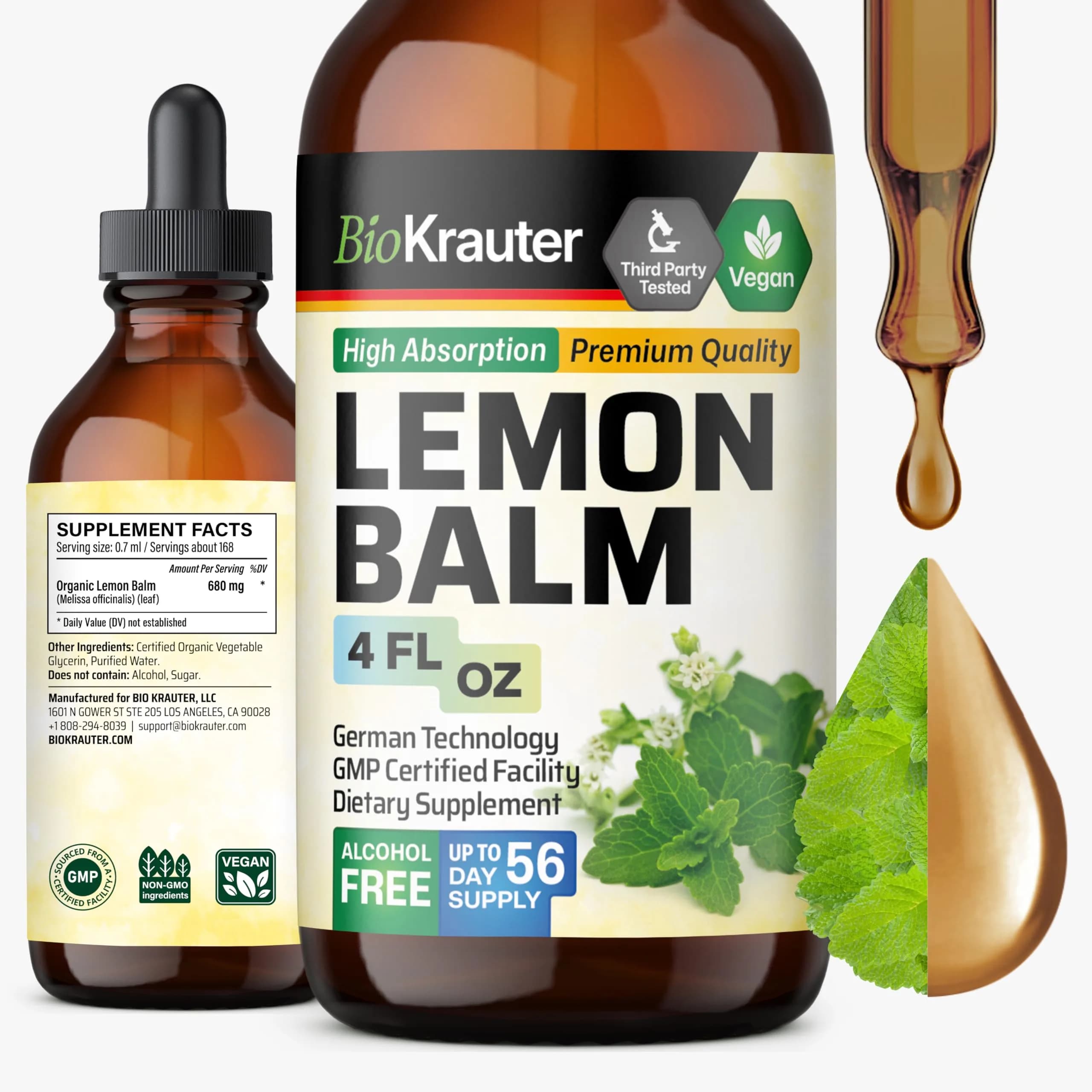 BIO KRAUTER Lemon Balm Tincture 118ml (4 Fl Oz) | Vegan Sleep Support Drops - main product image