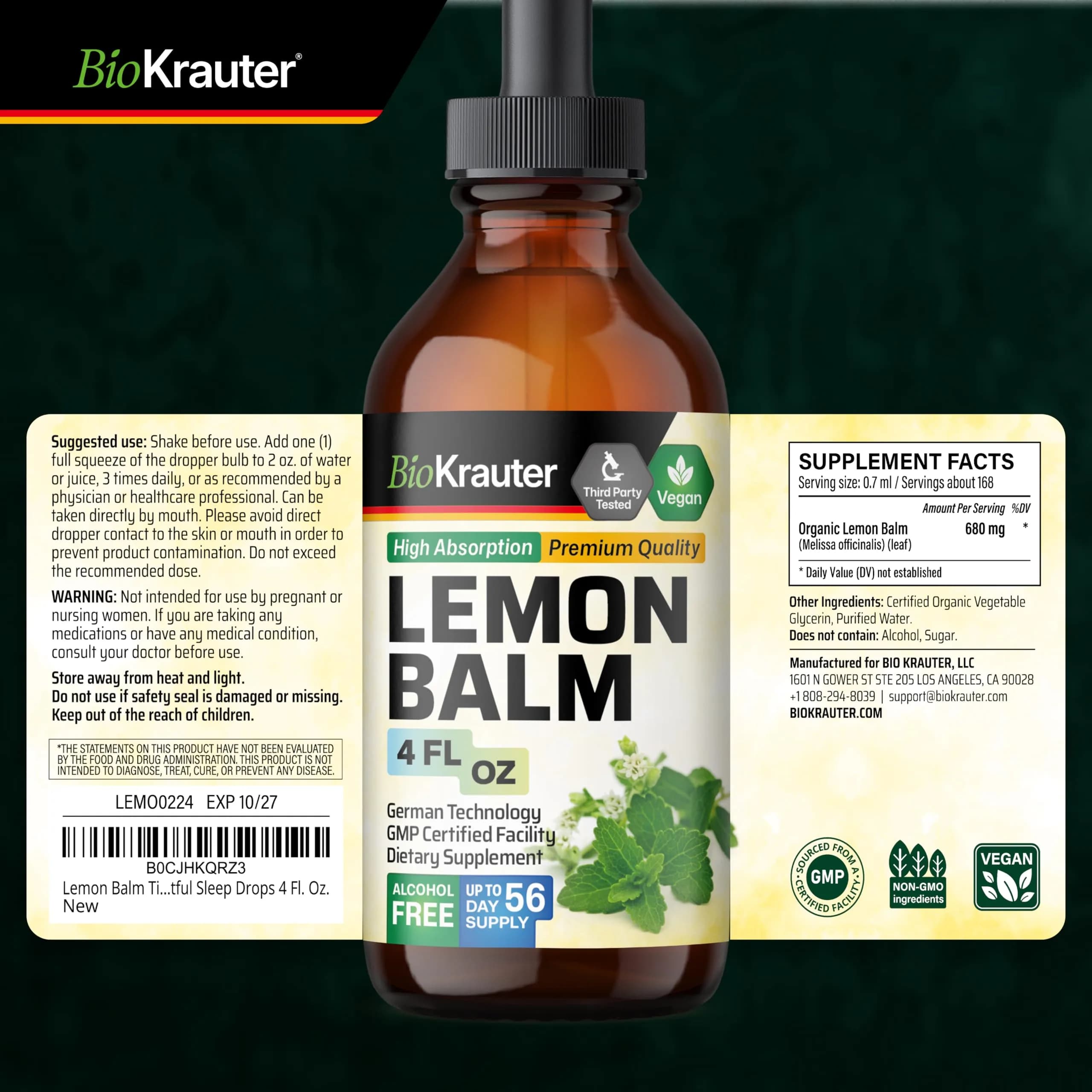 BIO KRAUTER Lemon Balm Tincture 118ml (4 Fl Oz) | Vegan Sleep Support Drops - view 9