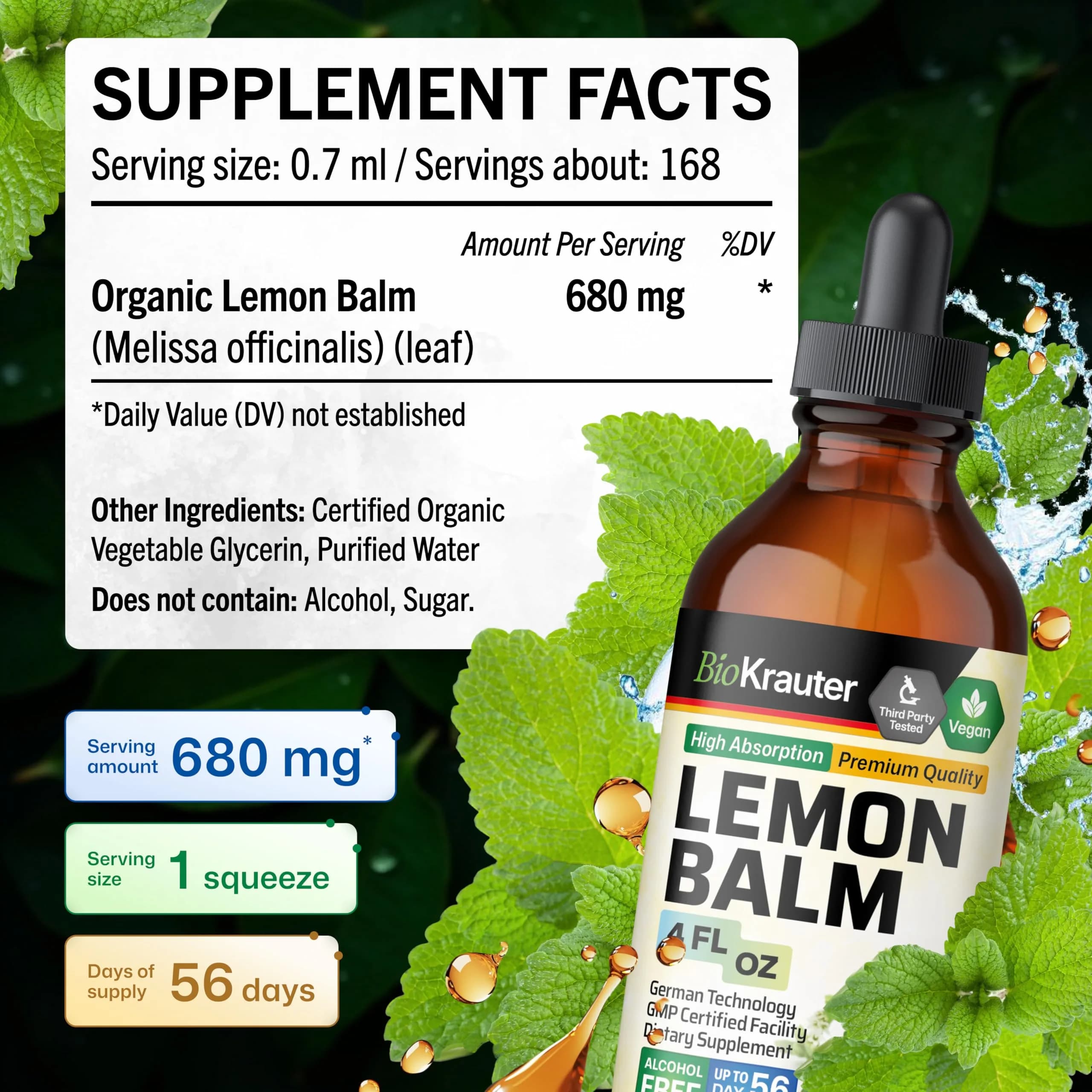BIO KRAUTER Lemon Balm Tincture 118ml (4 Fl Oz) | Vegan Sleep Support Drops - view 4