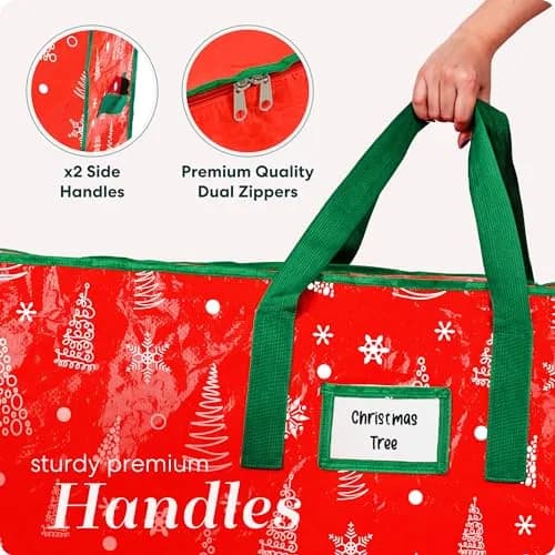Handy Laundry Christmas Tree Storage Bag for 7.5 Foot Artificial Trees | Red Printed, Waterproof, Zippered, Heavy-Duty Handles thumbnail 4