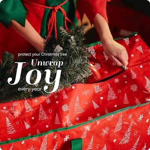 Handy Laundry Christmas Tree Storage Bag for 7.5 Foot Artificial Trees | Red Printed, Waterproof, Zippered, Heavy-Duty Handles thumbnail 5