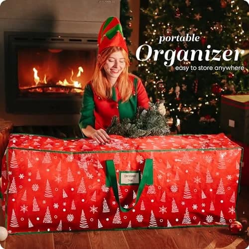 Handy Laundry Christmas Tree Storage Bag for 7.5 Foot Artificial Trees | Red Printed, Waterproof, Zippered, Heavy-Duty Handles thumbnail 6