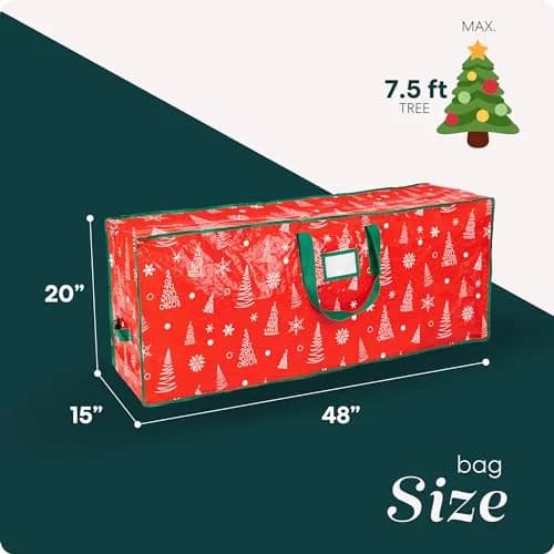 Handy Laundry Christmas Tree Storage Bag for 7.5 Foot Artificial Trees | Red Printed, Waterproof, Zippered, Heavy-Duty Handles thumbnail 2