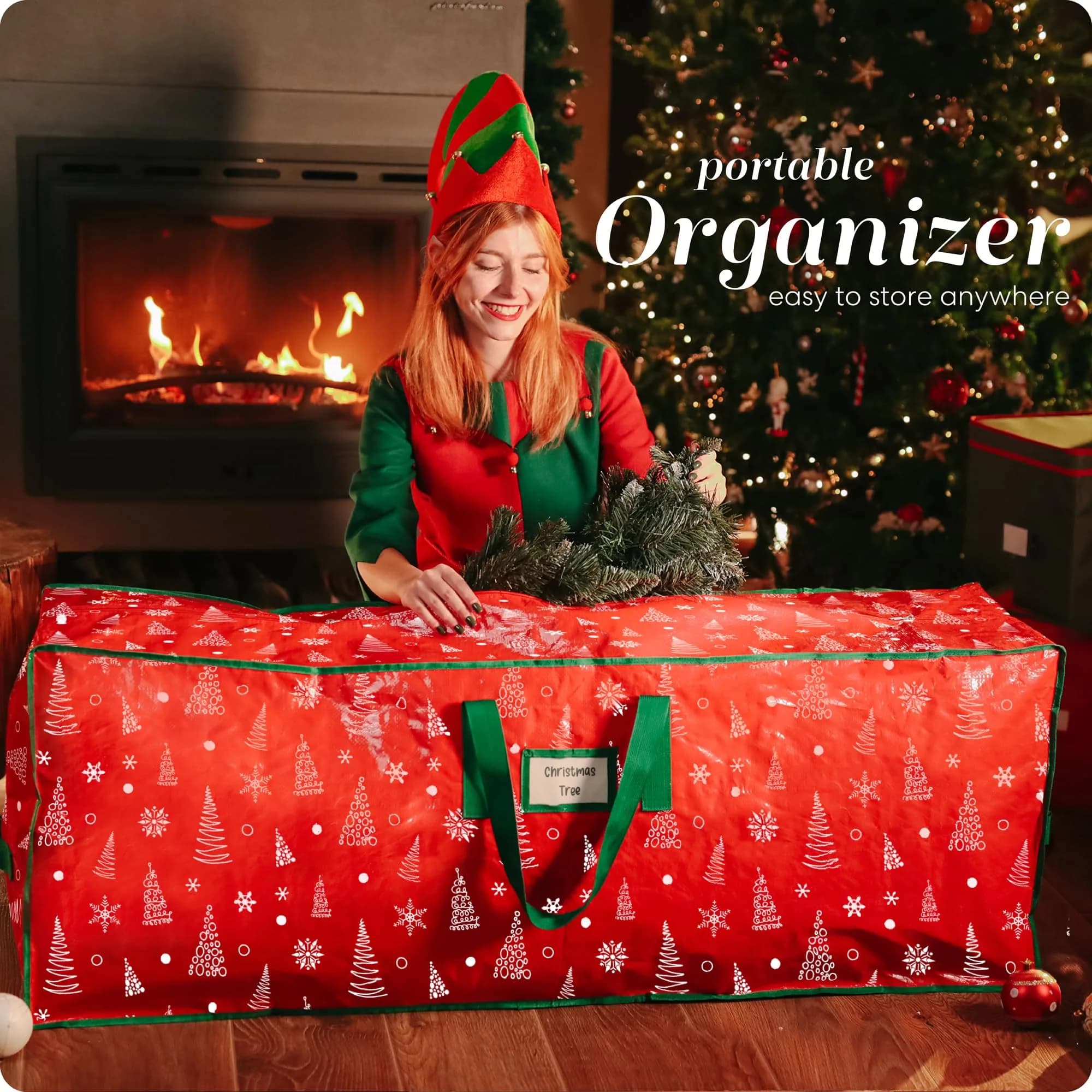 Handy Laundry Christmas Tree Storage Bag for 9ft Artificial Trees | Red Printed, Durable & Waterproof - view 6