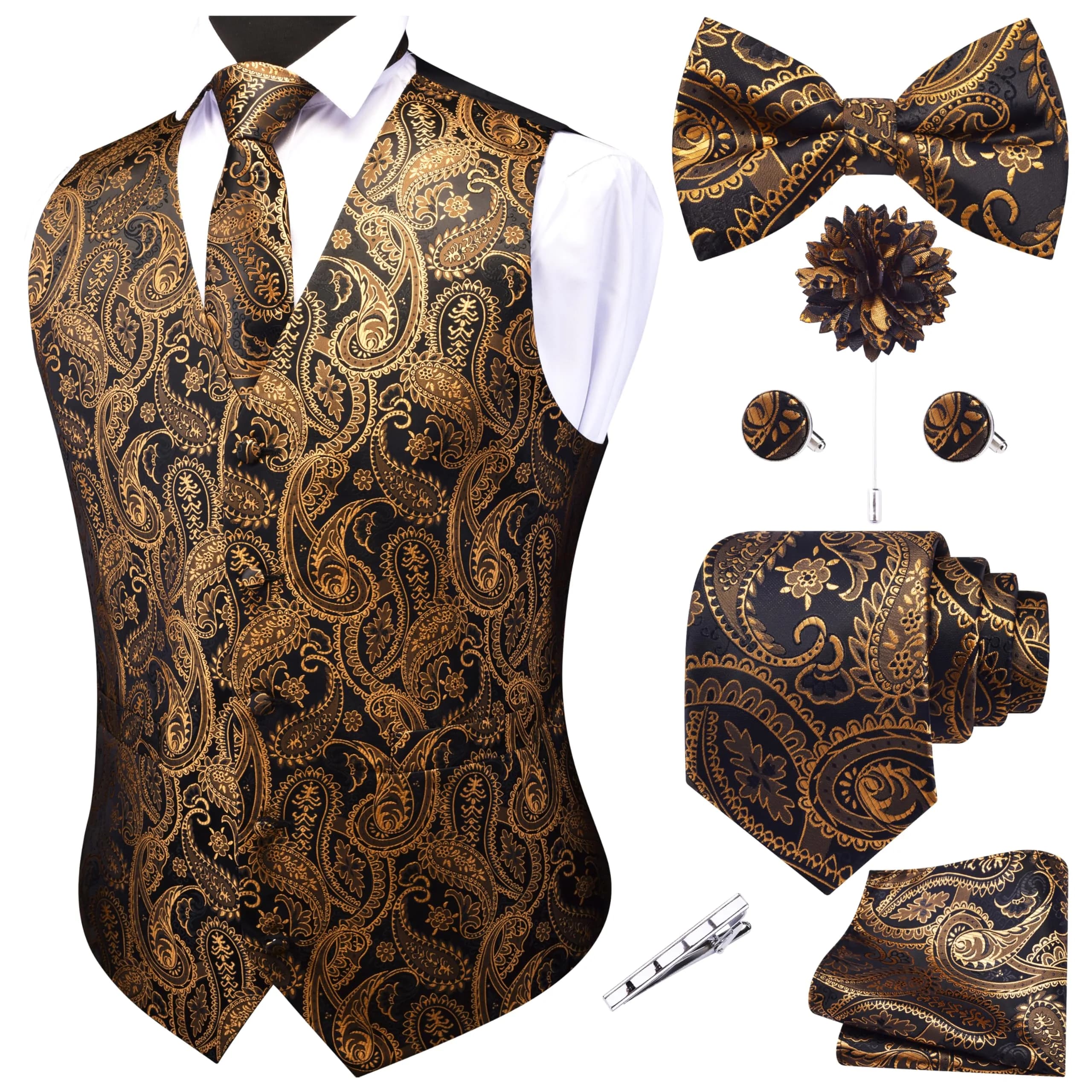 GUSLESON Mens Black Gold Paisley Suit Vest Tie and Bow Tie Set Silk Floral Waistcoat Necktie and Pocket Square Lapel Pin Set (3XL) — Black Gold
