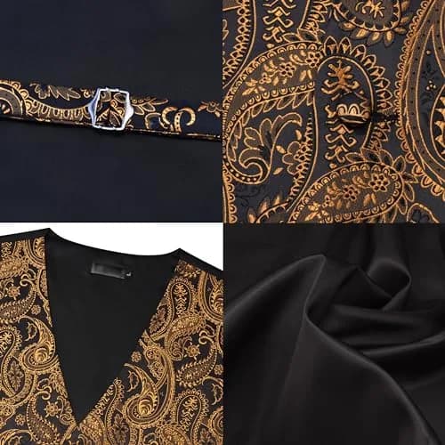 GUSLESON Mens Black Gold Paisley Suit Vest Tie and Bow Tie Set Silk Floral Waistcoat Necktie and Pocket Square Lapel Pin Set (3XL) thumbnail 4